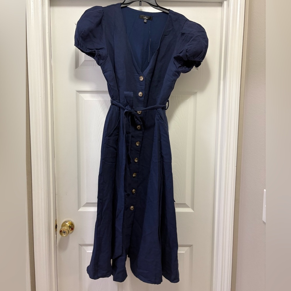 Lulus Much Love Elegant Navy Blue Button-Down Dress